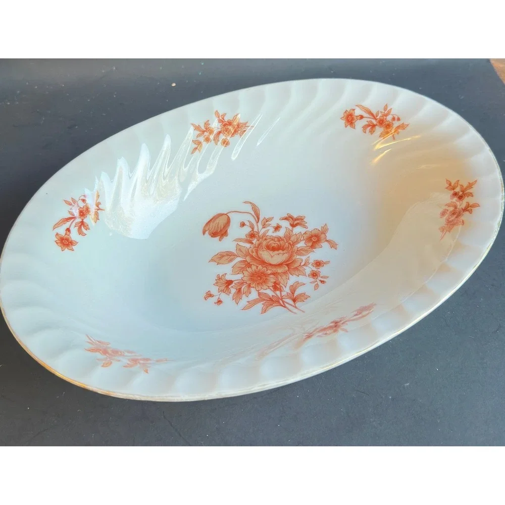 Sango Classique Benham Oval Vegetable Bowl Orange Floral Swirl Rim Vintage 70s